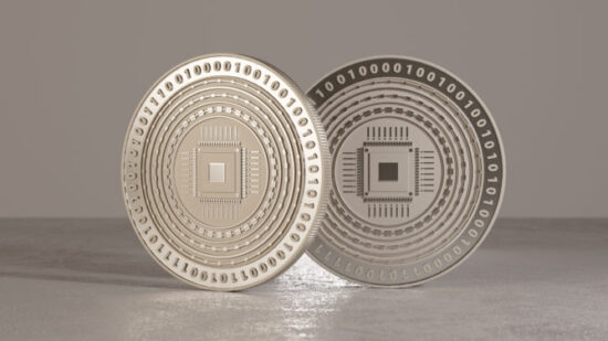 Silver digital crypto-currency coins standing on metal floor